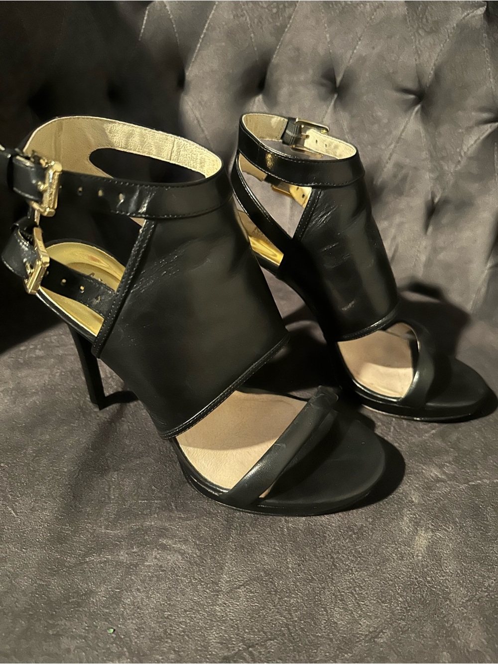 Michael Kors Asta Black Leather Open-Toe Ankle Strap Heels with Gold Buckles - Picture 2 of 7